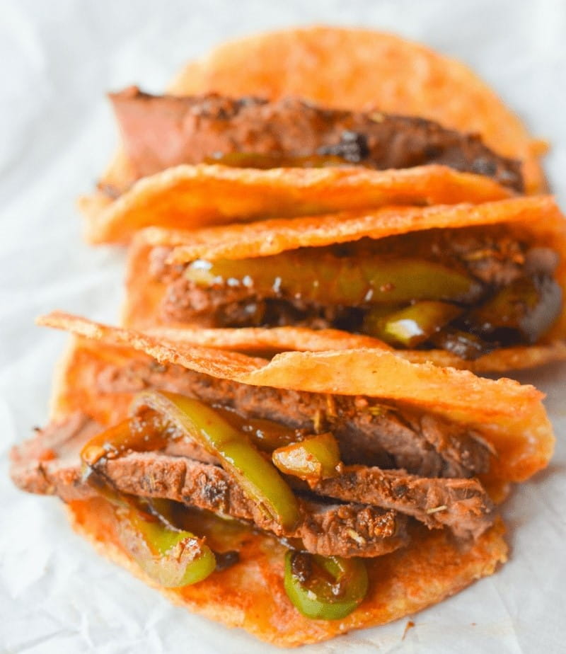 keto steak tacos with pork rind tortillas
