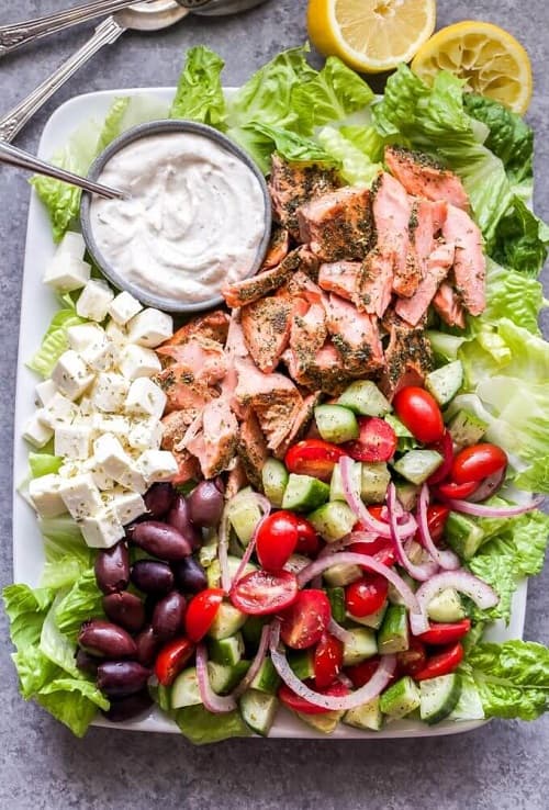 Greek Salmon Salad with Tahini Yogurt Dressing