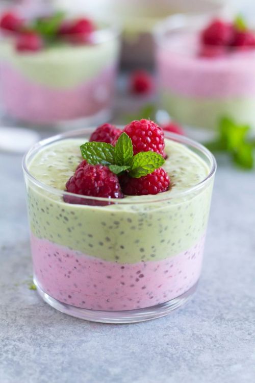Raspberry Matcha Chia Pudding with Greek Yogurt