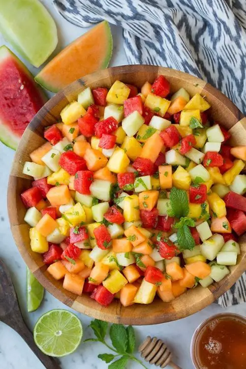 Melon and Pineapple Fruit Salad with Honey, Lime and Mint Dressing