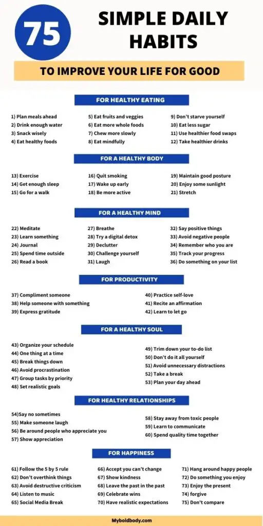 Here's a complete list of 75 simple daily habits that will help you improve your life for good. Add these simple habits to your daily routine or personal growth plan to create a better life for yourself. #dailyhabits #selfimprovement #personalgrowth #positivehabits #selfdevelopment #personaldevelopment