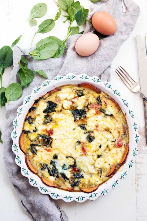 Spinach & Goat Cheese Quiche with Sweet Potato Crust