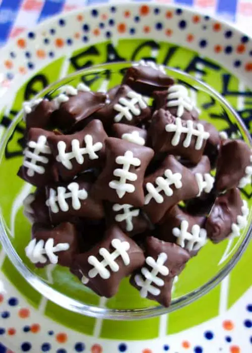 Chocolate Dipped Football Pretzel Bites