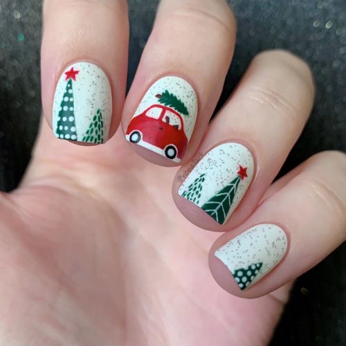 Little Red Car And Christmas Tree Nails