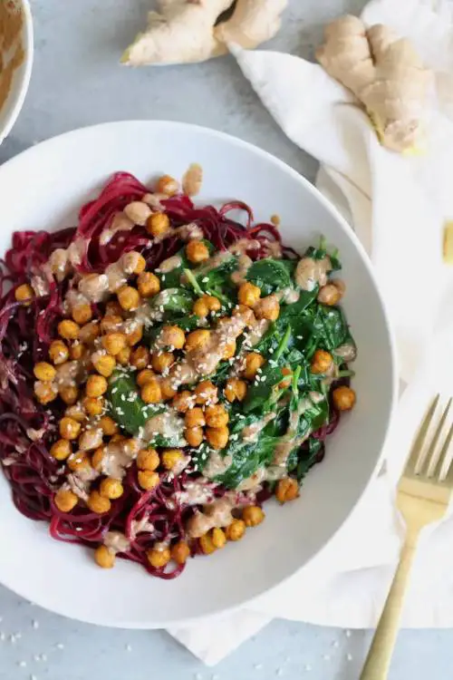 Beet Noodle Bowls with Turmeric Roasted Chickpeas and Spinach