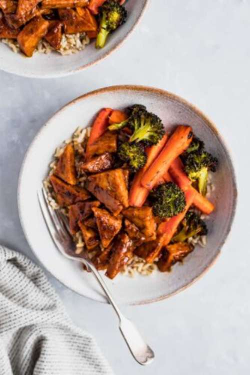 Sticky Orange Tempeh with Maple Thyme Roasted Vegetables