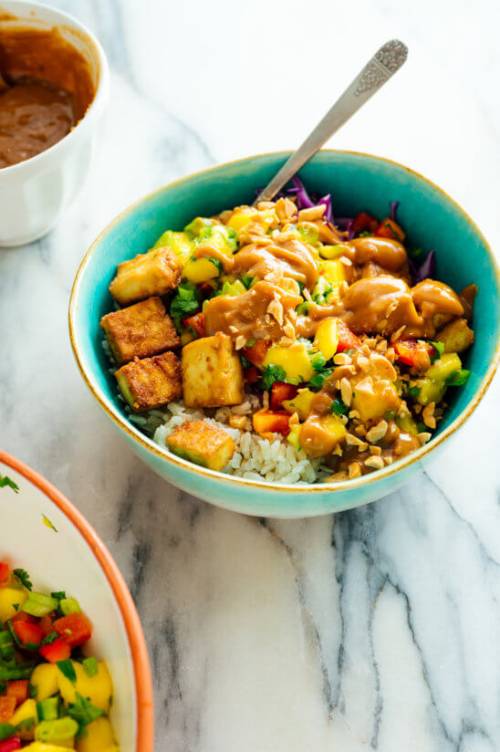 Mango “Burrito” Bowls with Crispy Tofu and Peanut Sauce