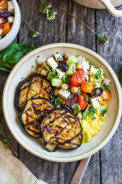 Grilled Eggplant with Greek Relish and Creamy Polenta