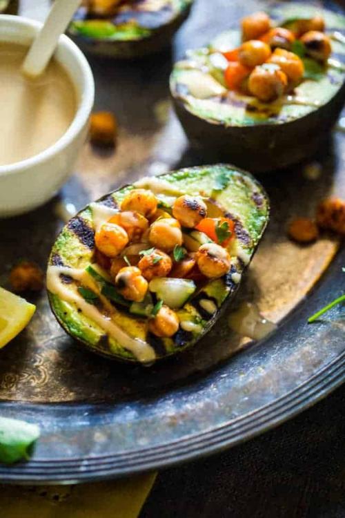 Mediterranean Grilled Avocado Stuffed With Chickpeas And Tahini