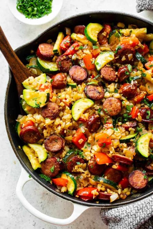 One Skillet Sausage with Veggies and “Rice”