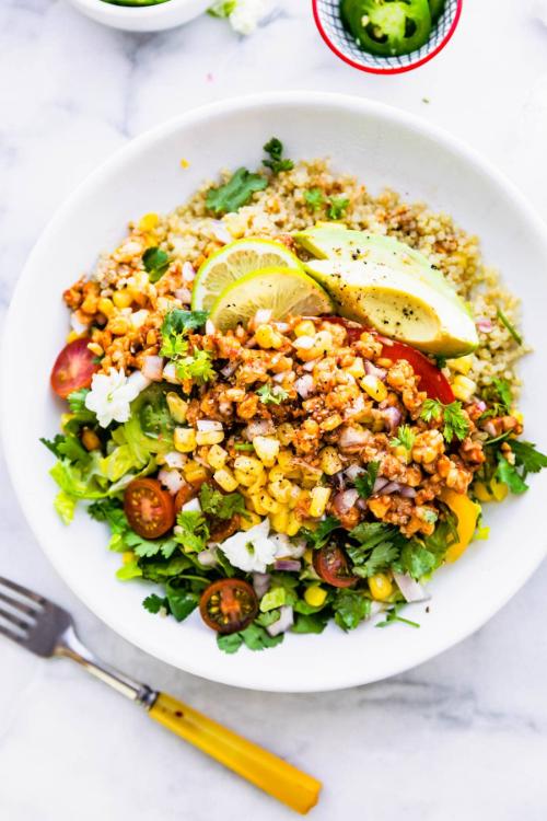 Vegan quinoa salad with BBQ tempeh
