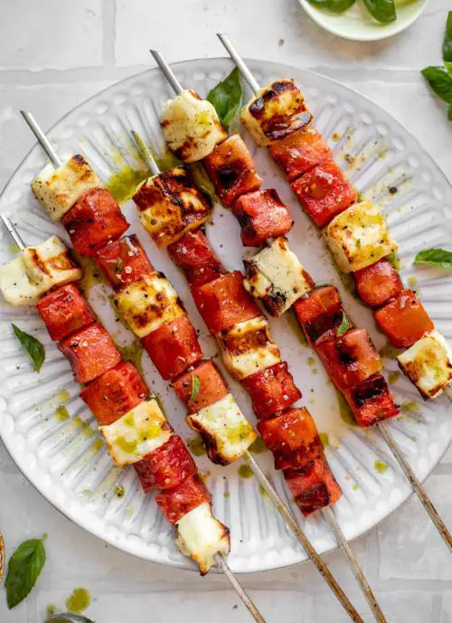 Grilled Watermelon Halloumi Skewers With Minted Basil Oil