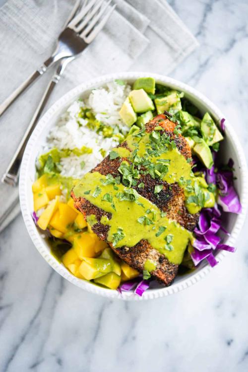 Caribbean Blackened Salmon Bowl with Coconut Rice