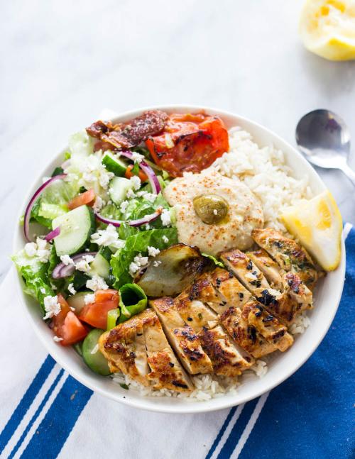 Greek-inspired Mediterranean Chicken rice bowls