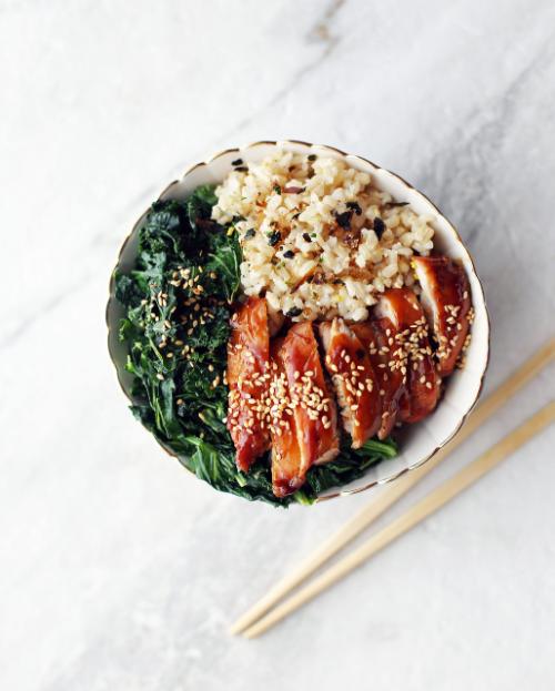 Teriyaki Chicken Rice Bowls with Garlicky Kale