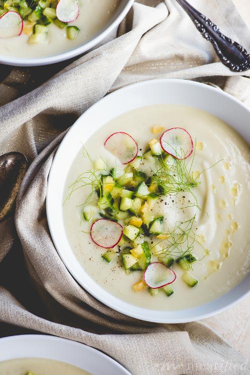 Chilled Parsnip Apple & Fennel Soup with Cucumber Salad