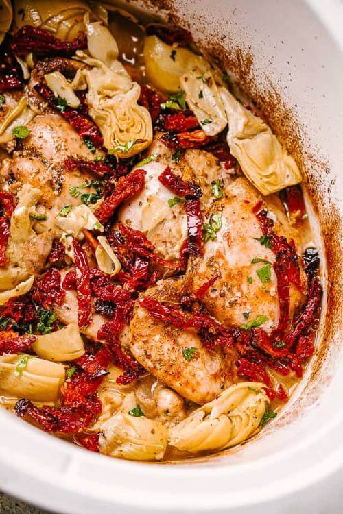 Crock Pot Chicken Thighs with Artichokes and Sun-Dried Tomatoes