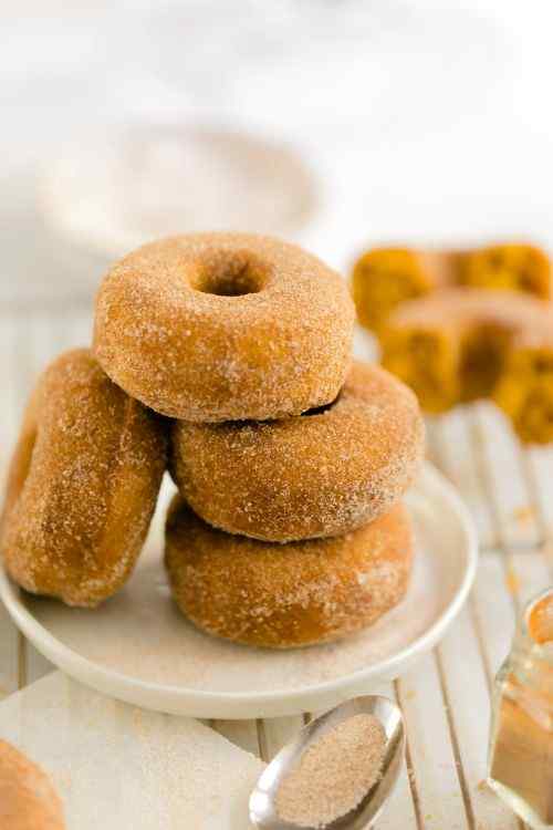 Lighter Baked Pumpkin Donuts with Cinnamon Sugar Coating