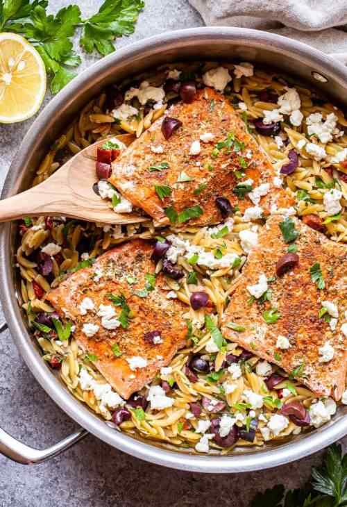 Greek Salmon and Orzo Skillet