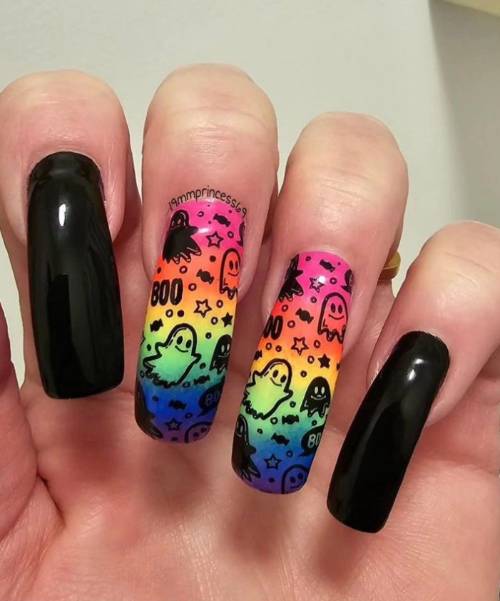 Black And Rainbow Ghost Nails