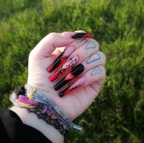 Black And Red Stitch Halloween Nails