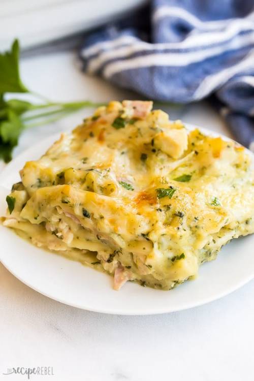 White Chicken Lasagna with Ham and Spinach