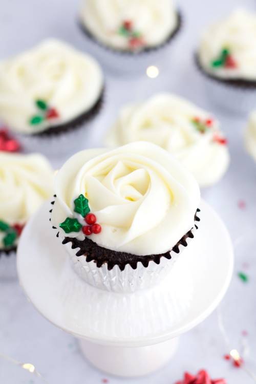 Christmas Chocolate Cupcakes With Holly Sprinkles
