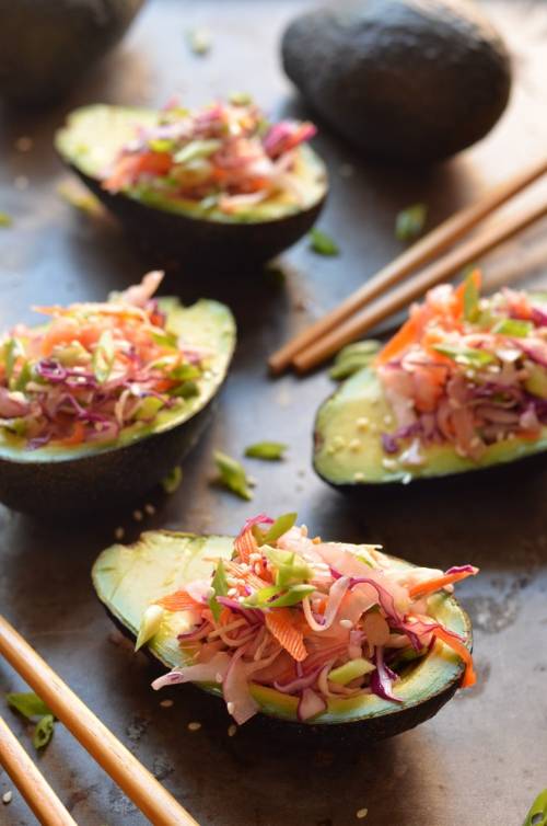 Stuffed Avocados with Crunchy Asian Cabbage Slaw