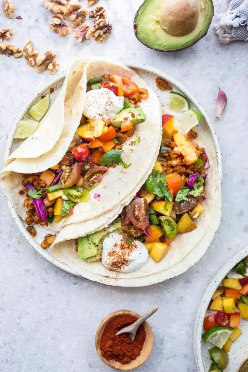 Walnut Meat Tacos with Peach Tomato Salsa